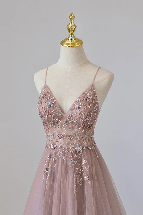 Wholesale Pink Tulle Long A-Line Prom Dress Pink Spaghetti Formal Dress with Beaded